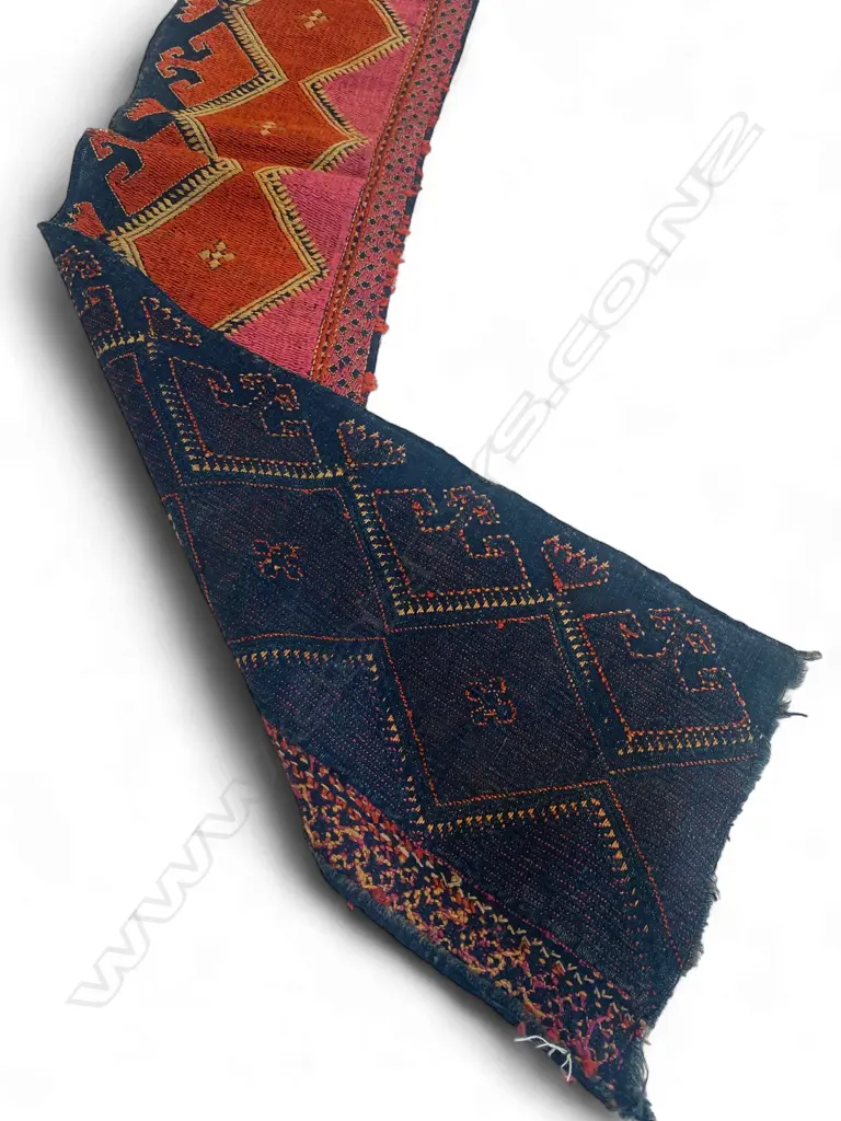 Textile band - cotton/silk embroidery,- Uzbek - black ground - pink and orange decoration. 189 x 17.5cm Image 1++